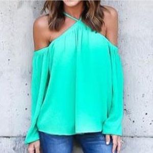 Teal Chiffon Off the Shoulder Long-Sleeve Blouse